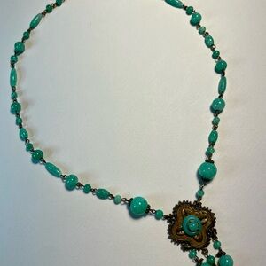 Vintage Turquoise Green and Antique Brass Necklace